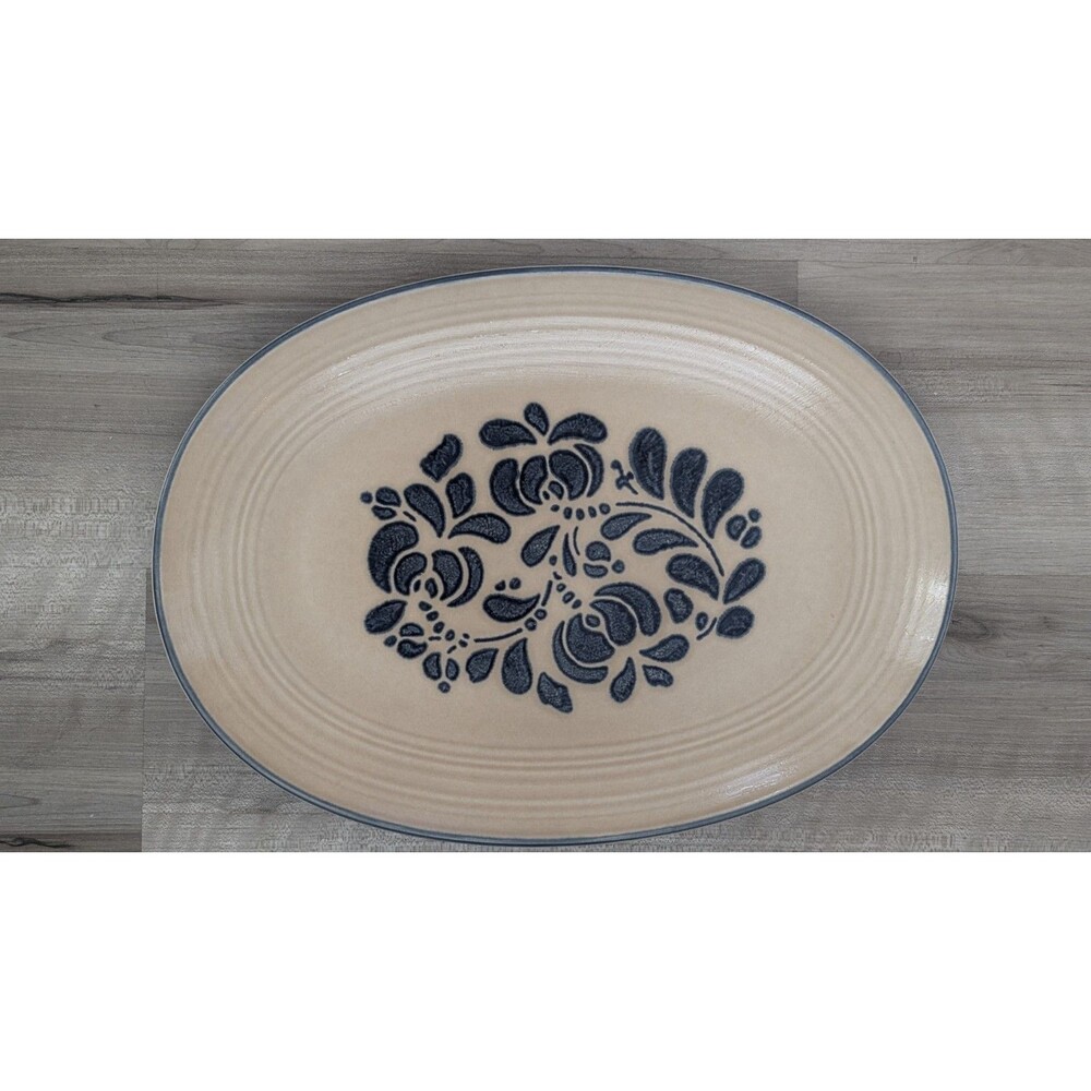 Vintage Pfaltzgraff Folk Art Pattern 14” Oval Serving Platter Blue and Tan